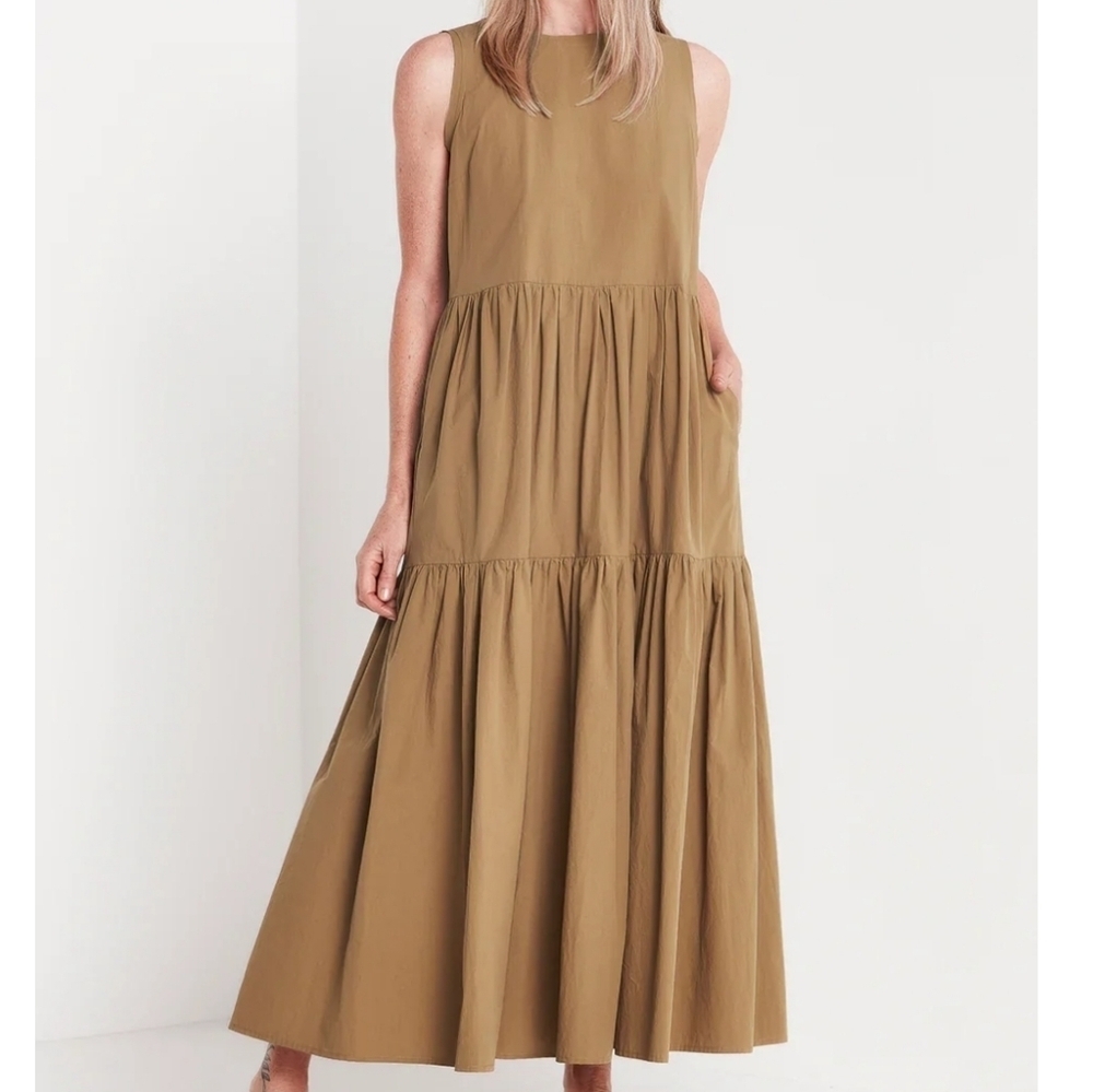 Margot Paris Tiered Sleeveless Midi Dress Brown Poplin Cotton Pockets Italy